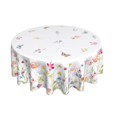 Imagem de Kawani Toalha de mesa floral primavera verão redonda 152 cm flor colorida borboleta toalha de mesa lavável resistente a manchas verão fazenda capa de mesa para festa piquenique e jantar