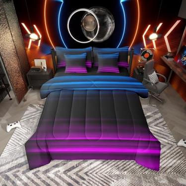 Imagem de Erosebridal Conjunto de cama moderno de 7 peças, solteiro, ombré, com lençóis, arte abstrata, estampa 3D, gradiente, em uma bolsa, preto e roxo
