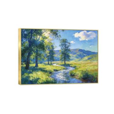 Imagem de Quadro dourado arte de parede paisagem impressões em tela - árvore rio prado - pintura decorativa - imagens para quarto 90 x 125 cm 35 x 49 pol