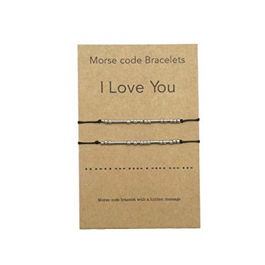 Imagem de Zling Pulseira I Love You Morse Code para casais combinando para ele e seu namorado e namorada, mãe e filha, conjunto de 2 pulseiras, 11 inches, Metal