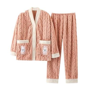 Imagem de LUBOSE Conjunto de roupa de dormir feminina de flanela de inverno, manga comprida, quente, confortável, roupa de dormir casual (3GG, coelho)