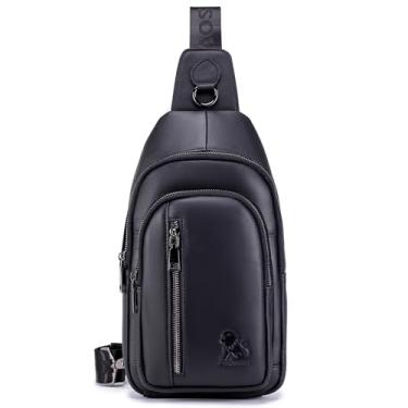 Imagem de pundarika Bolsa tiracolo masculina de couro legítimo, bolsa tiracolo para o peito, bolsa de ombro casual para homem, mochila tipo estilingue, Preto, Small