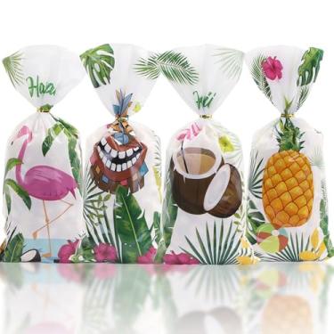 Imagem de Sacos de guloseimas havaianas Luau de celofane, 100 peças, estampa de flamingo, coco, abacaxi, palmeira, verão, tropical, Aloha, sacos de brindes temáticos de plástico para doces e lembrancinhas de