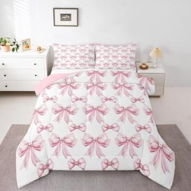 Imagem de Erosebridal Conjunto de edredom solteiro com laço rosa para meninas – Conjunto de cama com laço rosa fofo para crianças, adolescentes, com laço e laço, fitas de princesa, decoração estética de quarto