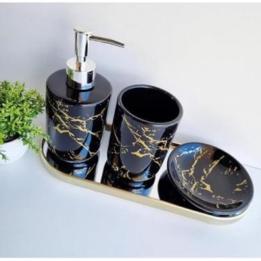 Imagem de Kit Banheiro 3 Peças em Cerâmica - Porta Sabonete Líquido, Saboneteira e Porta Escova para Lavabo(PRETO)