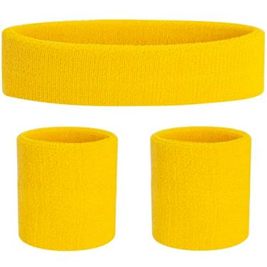 Imagem de FACATH Conjunto de faixas de transpiração esportivas, faixa de suor de algodão para homens e mulheres atléticos, faixas esportivas para malhar, correr, basquete, tênis, ioga (amarelo)