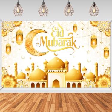 Imagem de Avezano Eid Mubarak Pano de fundo Ramadã Mubarak Decorações Muçulmano Ramadã Faixa para Casa Muçulmano Eid Party Supplies (Branco, 1,8 x 1,1 m)