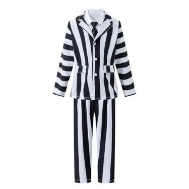 Imagem de InBakjade Terno listrado preto e branco com camisa branca e gravata preta 7-8 anos