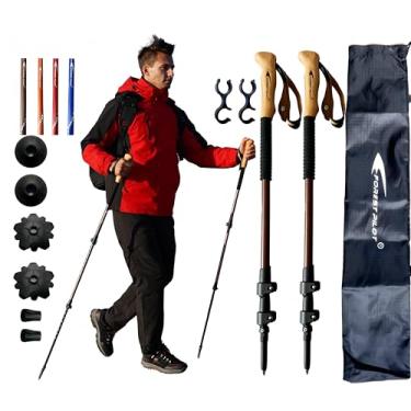 Imagem de FOREST PILOT Bastões de trekking – Alumínio leve 7075 com trava dobrável e acessórios para todos os terrenos – Par de 2 bengalas para caminhada com aderência de madeira de faia - marrom