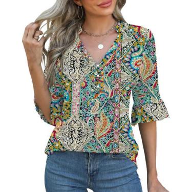 Imagem de Blusa Rapbin Peasant com decote em V, babado, manga cotovelada, estamp