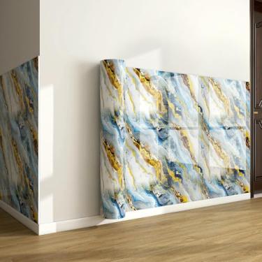 Imagem de Papel de parede de imitação de grão de madeira com textura de mármore de folha dourada autoadesivo à prova d'água e à prova de umidade para sala de estar banheiro e cozinha renovação azul e branco 40