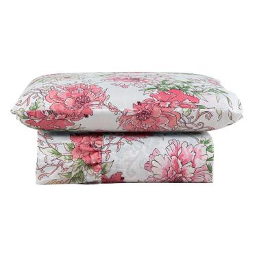 Imagem de Kit Cobre Leito Colcha Turin Solteiro Estampada C/ Babado 400 Fios 2 Peças Flores Floral Rosa