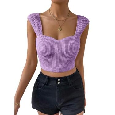 Imagem de MakeMeChic Camiseta regata feminina de malha waffle sem mangas de verão gola redonda cropped casual slim fit, Roxo lilás, GG