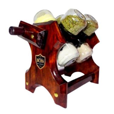 Imagem de Porta Temperos Giratório com Manivela e 8 Potes Cor: Mogno - Boss Arte