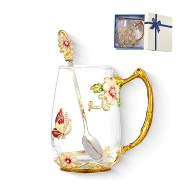 Imagem de AISVELDY Xícara de chá de flor, caneca de café chique de vidro transparente com colher, caixa de presente para sua mãe, esposa, avó, meninas, amigas, dia dos namorados, Natal, aniversário, ideia de