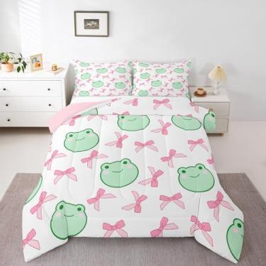 Imagem de Manfei Conjunto de edredom com laço rosa tamanho king, desenho animado sapo, borboleta nó borboleta, decoração de quarto de meninas e mulheres, edredom geométrico, patchwork fofo, enchimento de