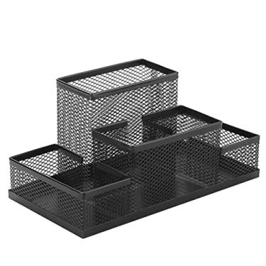 Imagem de Porta-lápis organizador de mesa de malha de metal organizador de caneta multifuncional para armazenamento de escritório doméstico suporte de caneta preta