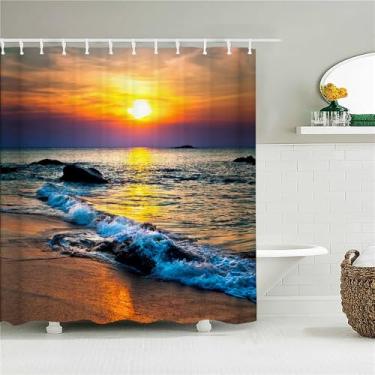 Imagem de Cortina de chuveiro de tecido Sunlight Ocean Beach Cortinas de banheiro Sunset Dusk Sea Tamanho grande 300x180CM Tela de banho com 12 ganchos, 2373L, L210xA180cm