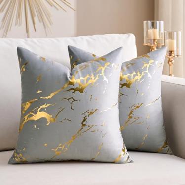 Imagem de Capas de almofada decorativas de veludo cinza modernas luxuosas douradas com estampa de mármore bronze 45,7 x 45,7 cm, conjunto de 2 fronhas quadradas para sofá, cama, sala de estar, decoração de casa