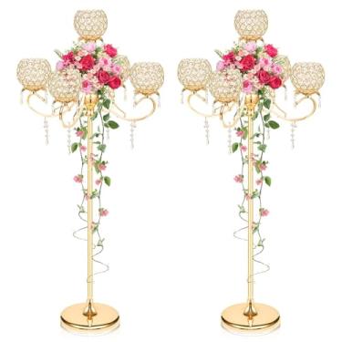 Imagem de Castiçal de cristal de metal de 127 cm com pingentes - Peça central de piso / mesa de várias alturas para decoração de casa, eventos de casamento e festa - Design elegante de tigela de cristal (ouro