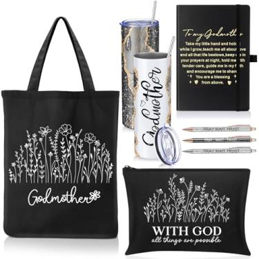 Imagem de Patelai Conjunto de 7 presentes de pedido de madrinha para mulheres, copo de aço inoxidável de 590 ml, com bolsa de palha, madrinha, bolsa cosmética, canetas esferográficas A5, diário para madrinha