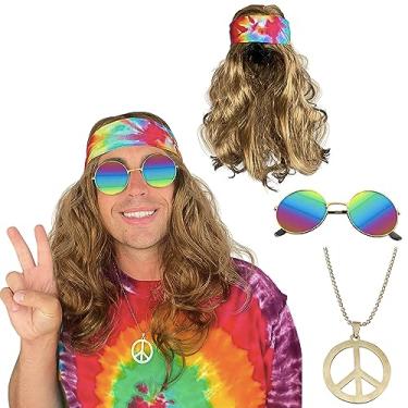 Imagem de Watt's Wigs - Conjunto de fantasia hippie – Peruca marrom com faixa de cabeça, óculos de sol de cor arco-íris e colar medalhão da paz – Fantasia hippie Woodstock dos anos 60 ou 70 – Tamanho único