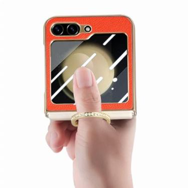 Imagem de para Samsung Z Flip 5 Capa de couro com suporte de anel de dedo para Samsung Galaxy Z Flip 5 Flip5 5G Zflip5 Película protetora de vidro Temepred, laranja, para Samsung Z Flip 5