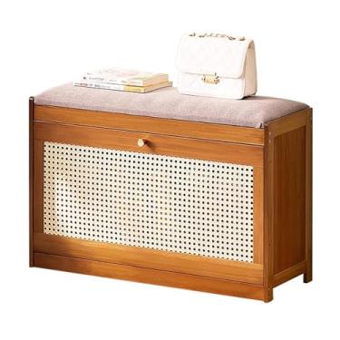 Imagem de Banco de madeira para sapatos com assento de almofada de linho, banco de armazenamento de entrada de madeira maciça rústica com porta - organize seus sapatos com estilo!