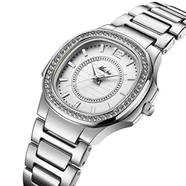 Imagem de Relógios de pulso femininos simples, casual, pulseira de aço inoxidável, 30 m, à prova d'água e de arranhões, elegante relógio de quartzo, presente feminino, prata