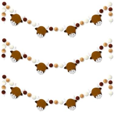 Imagem de JarThenaAMCS 3 peças de guirlanda de feltro de vaca Highland linda faixa marrom para pendurar bola de pompom marrom branco para festa de aniversário de cowboy chá de bebê suprimentos de festa