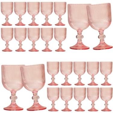 Imagem de 24 peças de taças de vinho vintage rosa, taças de água de vidro colorido de 325 ml, padrão exclusivo em relevo de haste alta transparente, copo de vidro para bar para festa de casamento, conjunto de
