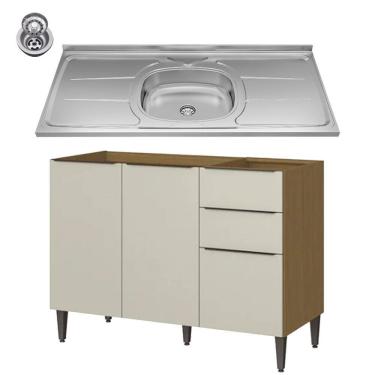 Imagem de Balcão Julia com Pia e Cuba GhelPlus 120cm 3 Portas 2 Gaveta Atacama Areia Aramóveis