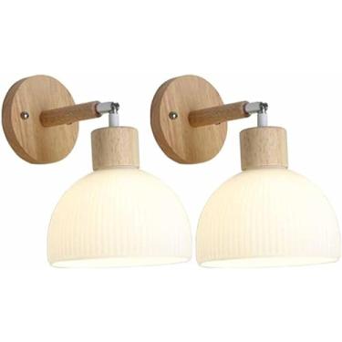 Imagem de Lâmpada De Parede De Madeira Moderna Com Listra De Vidro Sombra Branca Arandela De Parede De Vidro Nórdico Iluminação De Montagem Em Parede De Quarto Luz De Parede De ângulo, 2-Pack