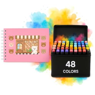 Imagem de Kit 48 Canetinhas Coloridas Ponta Dupla + Livro de Colorir Capa Dura Infantil com 50 Desenhos Diferentes | Educativo