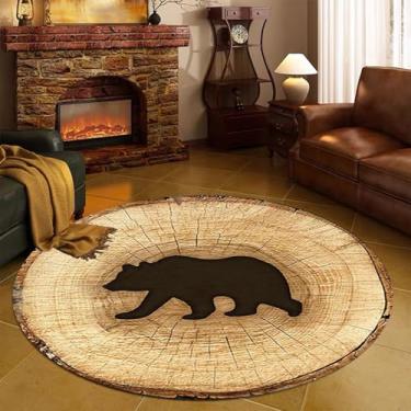 Imagem de Qmkmyy Tapetes de área de urso redondo, 1,5 m para quarto, textura de madeira rústica, tapete de realce com estampa de anéis de árvore, padrão de círculo, tapete anual de pelo baixo