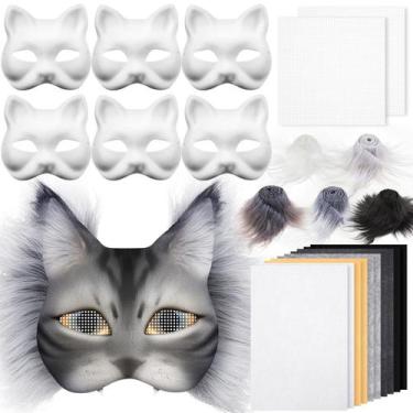 Imagem de Kit DIY Therian Mask Seenelling Máscara de gato em branco com tecido d