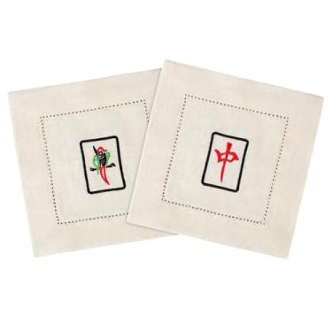 Imagem de Guardanapos Mahjong Cocktail Guardanapo de pano quadrado de 15 cm, design de azulejo Mahjong, porta-copos de linho bordado reutilizável para bebidas, decoração de mesa de festa Mahjong acessórios