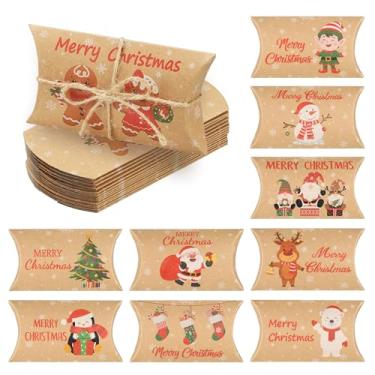 Imagem de 60 caixas de travesseiro de Natal, caixa com suporte de cartão de presente Kraft, tema de Natal, caixa de joias de doces com corda de juta para Natal, pequenos presentes, lembrancinhas de festa