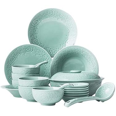 Imagem de Prato de jantar elegante para restaurante e casa, conjunto de 24 peças de louça de porcelana esculpida Celadon, tigela de cereais, pote de sopa e prato para reunião de família com varinhas