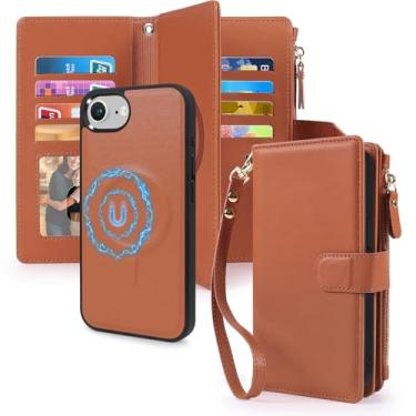 Imagem de CMIDUS Capa magnética para iPhone 16E carteira compatível com suporte de cartão com bloqueio de RFID Magsafe, capa de telefone destacável, alça de pressão, bolso com zíper, couro PU (marrom)