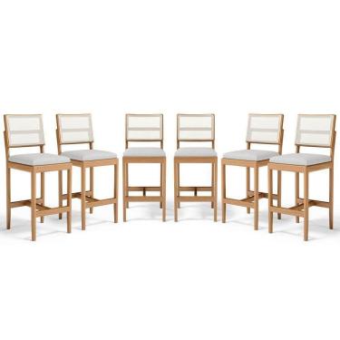 Imagem de Kit Com 6 Banquetas Milena Madeira Maciça Assento Estofado Encosto De Tela Sintética Linho Cinza 407