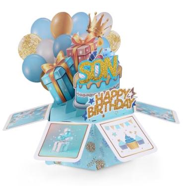 Imagem de Cartão de Aniversário Pop-Up para Filho, Coloridos Balões Coroa 3D Aniversário Cartões com Envelope Ideias Presentes Criativos Meninos Dos Pais para os Filhos