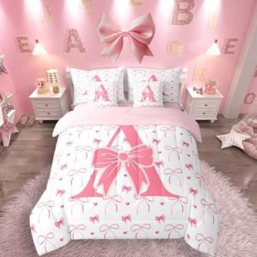 Imagem de Feelyou Conjunto de edredom com laço de monograma, 7 peças, solteiro, rosa coquete, inicial A, para crianças, meninos, meninas, com laço, para decoração de quarto, microfibra leve e macia