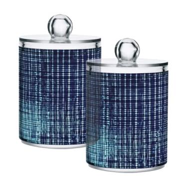 Imagem de Qilmy Qtip Suporte de boticário de 400 ml, frasco de plástico transparente xadrez azul com tampa, dispensador de recipiente de banheiro para bola de algodão, cotonete, fio dental, pacote com 2