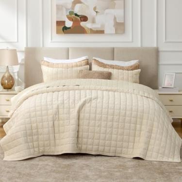 Imagem de BEDELITE Conjunto de edredom de veludo King Size – Conjunto de cama de veludo luxuoso, 3 peças, macio e aconchegante, branco creme, colcha grande, para todas as estações, com 2 fronhas