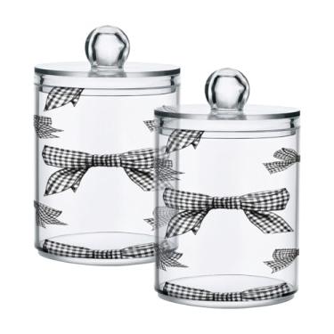 Imagem de Qilmy Qtip Suporte de boticário de plástico transparente de 400 ml, laço de guingão preto e branco, com tampa, dispensador de recipiente de banheiro para bola de algodão, cotonete, fio dental, pacote