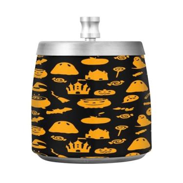 Imagem de Qilmy Cinzeiro de aço inoxidável Jack-o-lanterns laranja com tampa - Cinzeiro de cigarro à prova de vento sem cheiro sem fumaça para casa, escritório, carro, pátio, varanda (uso interno e externo)