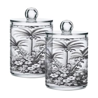 Imagem de Qilmy Qtip Suporte de boticário de 400 ml, frasco de plástico transparente retrô de flores e palmeiras com tampa, dispensador de recipiente de banheiro para bola de algodão, cotonete, fio dental