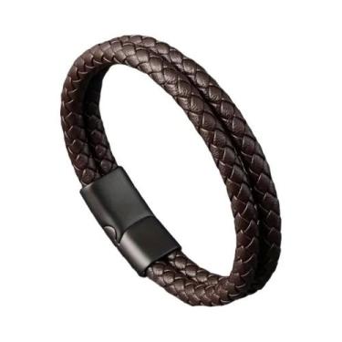 Imagem de Pulseiras De Corda Trançada De Couro Para Homens, Aço Inoxidável, Jóia