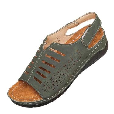 Imagem de Sandálias femininas de salto inclinado cor sólida tamanho grande design oco leve fundo grosso, Verde, 35